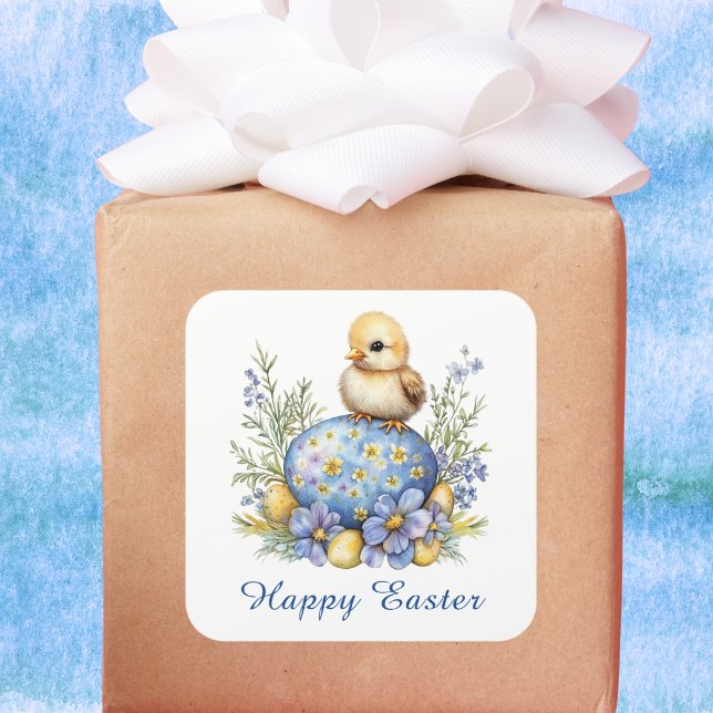 Adesivo Quadrado Baby Chick Happy Easter Egg Blue Yellow Flowers (Criador carregado)
