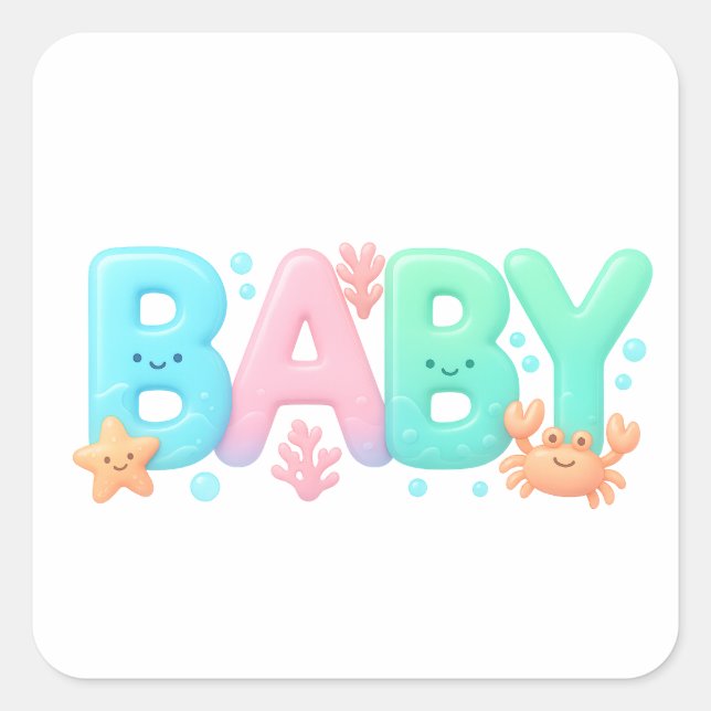 Adesivo Quadrado BABY Cute Ocean Pastel Glossy Text (Frente)
