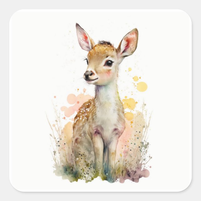 Adesivo Quadrado Baby Deer | Fawn | Woodland Animal Art Sticker (Frente)