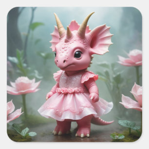 Adesivo Quadrado Baby Dino em um vestido rosa