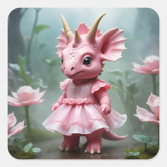 Adesivo Quadrado Baby Dino em um vestido rosa (Frente)