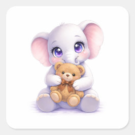 Adesivo Quadrado Baby Elephant Hugging Teddy Bear Square Sticker