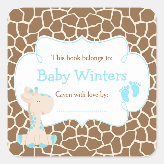 Adesivo Quadrado Baby Giraffe Blue Chá Bookplate (Frente)