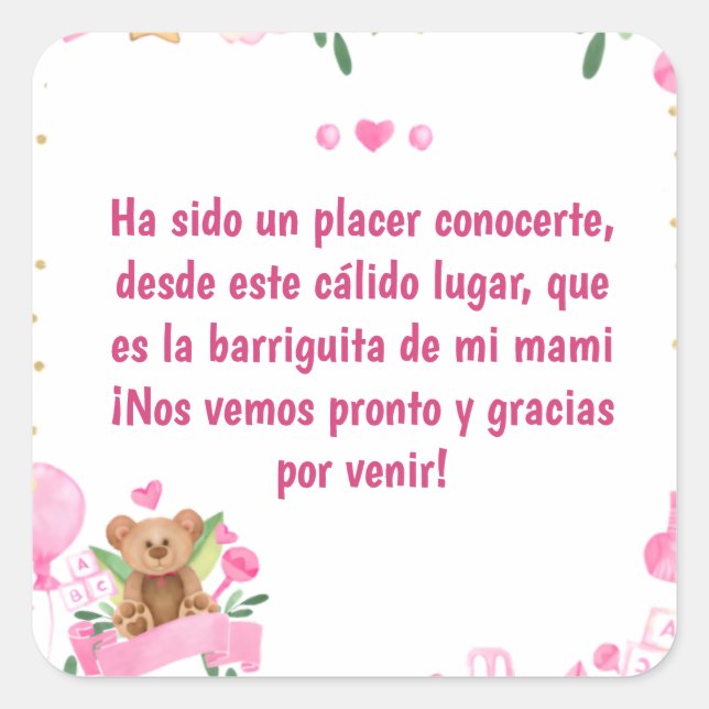 Adesivo Quadrado Baby Girl Coming Bear Baby Shower Pink (Frente)