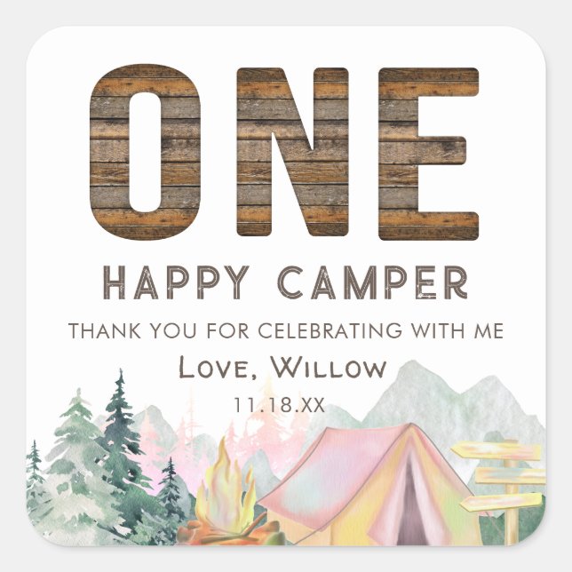 Adesivo Quadrado Baby Girl Rustic One Happy Camper Birthday Favorec (Frente)