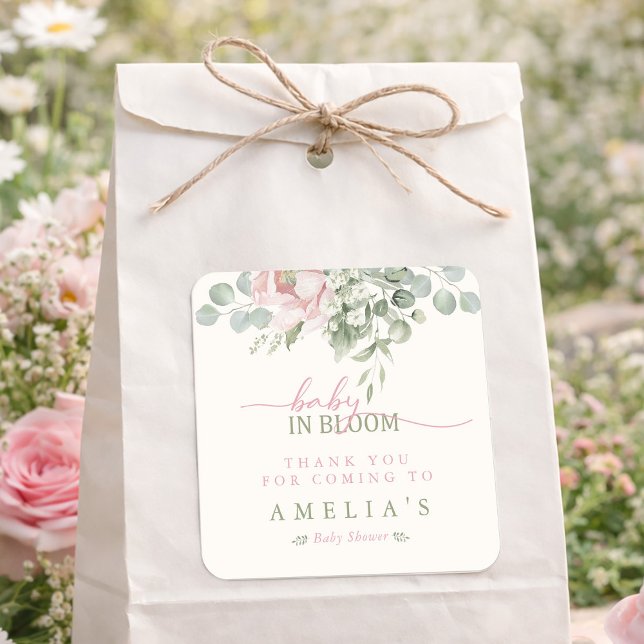 Adesivo Quadrado Baby in Bloom Baby Girl Shower Thank You (Baby in Bloom Baby Girl Shower Thank You Square Sticker)