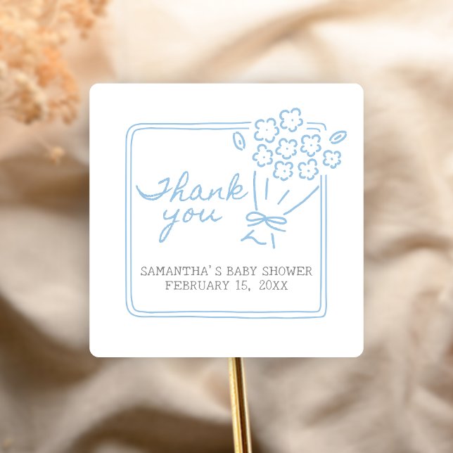 Adesivo Quadrado Baby In Bloom Baby Shower (Blue Hand Drawn Baby in Bloom Baby Shower Sticker)
