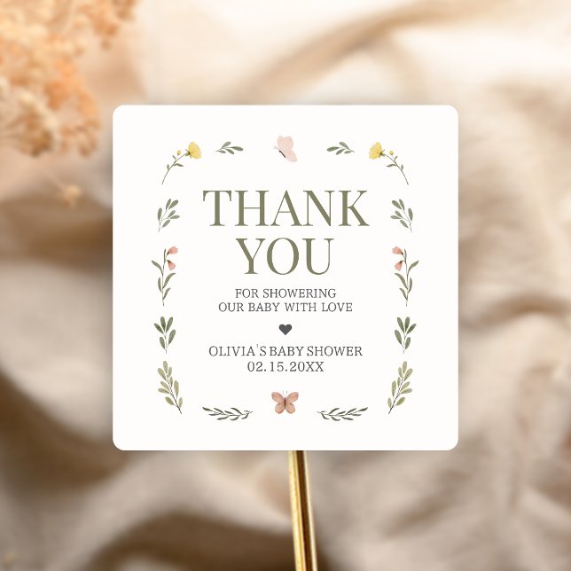 Adesivo Quadrado Baby in Bloom Wildflower Baby Shower (Minimalist Baby in Bloom Baby Shower Sticker)