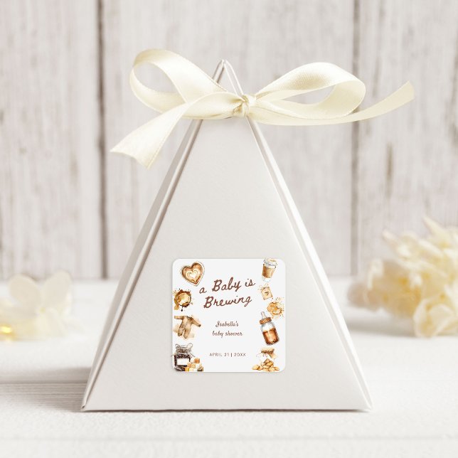 Adesivo Quadrado Baby Is Brewing Coffee Brown Baby Shower (Criador carregado)