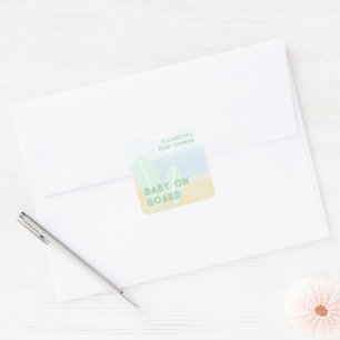 Adesivo Quadrado Baby On Conselho Surfing Beach Watercolor Chá de f