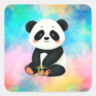 Adesivo Quadrado Baby Panda está segurando pedaço de bambu