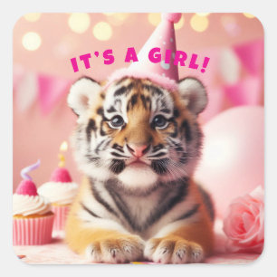 Adesivo Quadrado Baby Reveal Girl Tiger