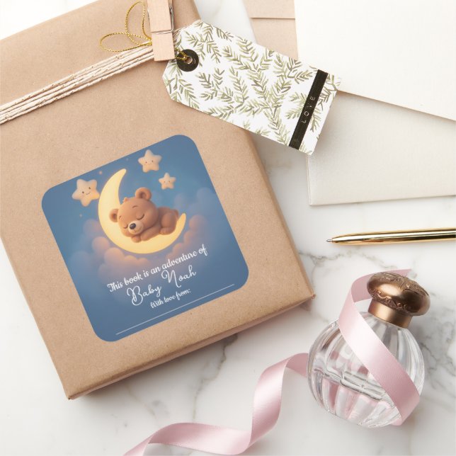 Adesivo Quadrado Baby Shower Sticker – Teddy Bear on the Moon (Presentear)