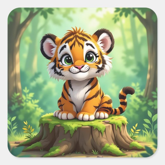 Adesivo Quadrado Baby Tiger | Cute Cartoon Kid's Nursery Art (Frente)