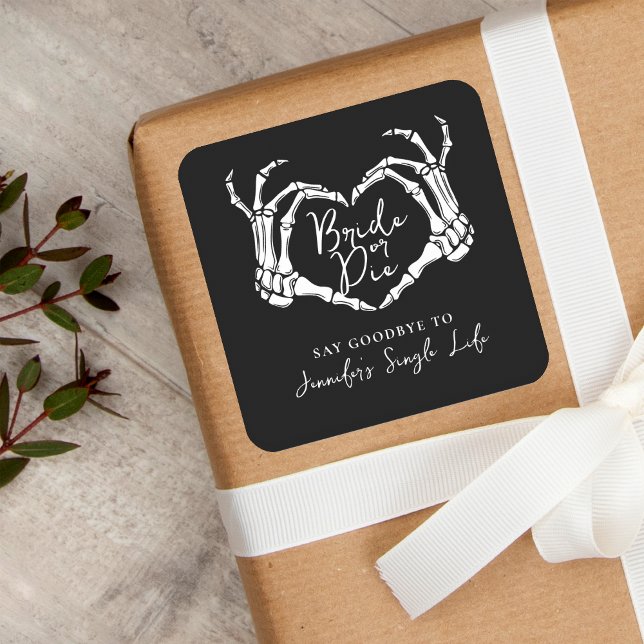 Adesivo Quadrado Bachelorette Party Bride or Die Skeleton Heart (Criador carregado)