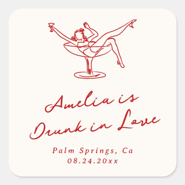 Adesivo Quadrado Bachelorette Vermelho Desenhado à Mão Branca (Frente)