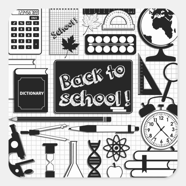 Adesivo Quadrado Back To School Sticker (Stickers featuring various school-related items in black and white. )