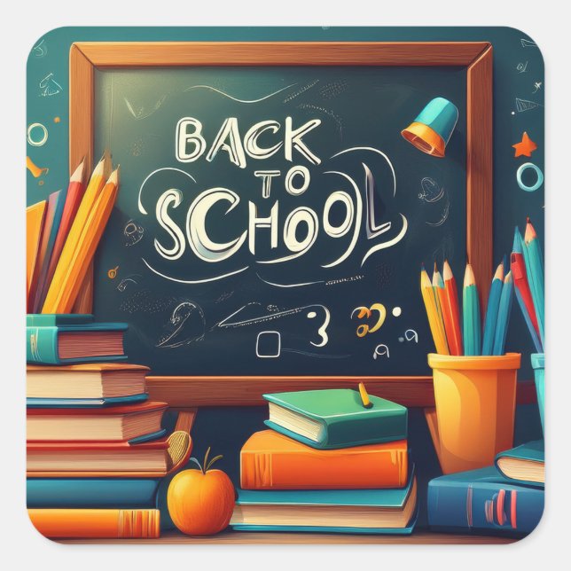 Adesivo Quadrado Back to School Teacher Welcome Blackboard Books  (Frente)