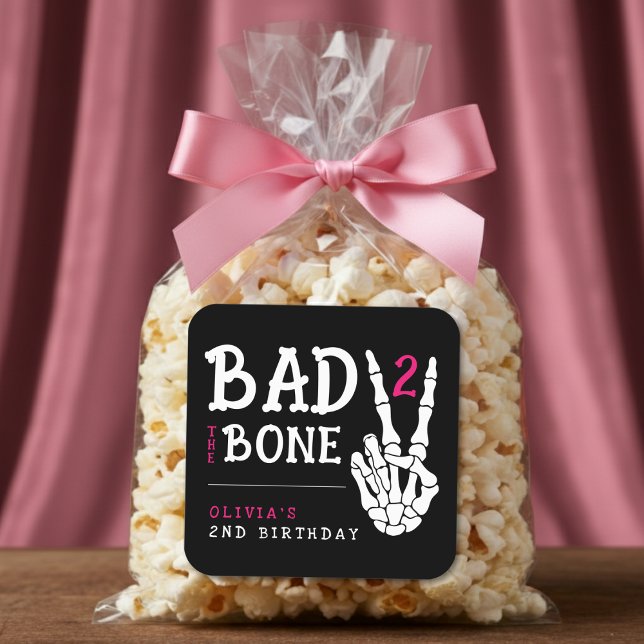 Adesivo Quadrado Bad 2 the Bone Skeleton Pink 2nd Birthday Party (Bad 2 the Bone Skeleton Pink 2nd Birthday Party Square Sticker
)