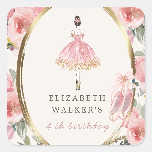 Adesivo Quadrado bailarina princesa festa de aniversário floral (Frente)