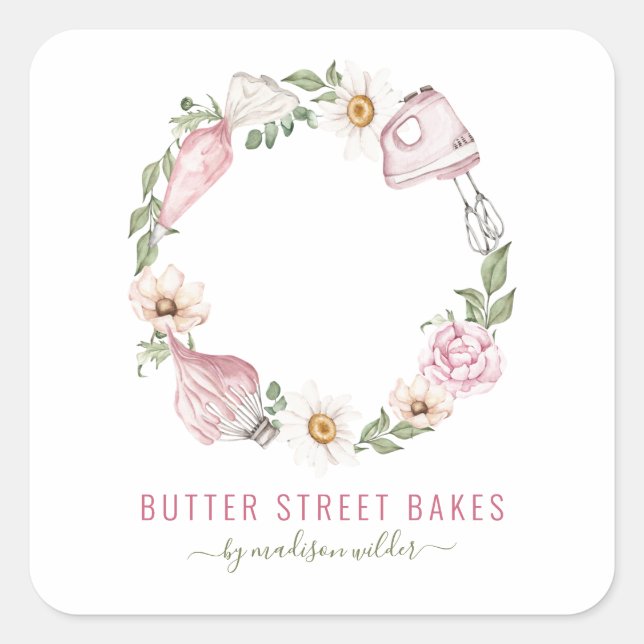 Adesivo Quadrado Baker Pastelaria Aquarela Utensil Floral (Frente)