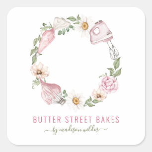 Adesivo Quadrado Baker Pastelaria Aquarela Utensil Floral
