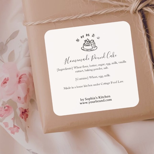 Adesivo Quadrado Bakery Cake Logo Minimalist Ingredient Label (Criador carregado)