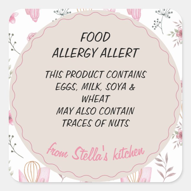 Adesivo Quadrado Bakery Food Allergy Allert (Frente)