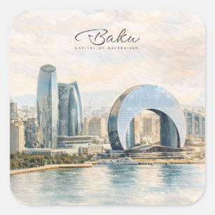 Adesivo Quadrado Baku Azerbaijão Capital Aquarela Presente de Viage