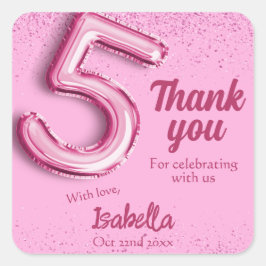Adesivo Quadrado Balão giro, cor-de-rosa, n.º 5, aniversário de 5 c