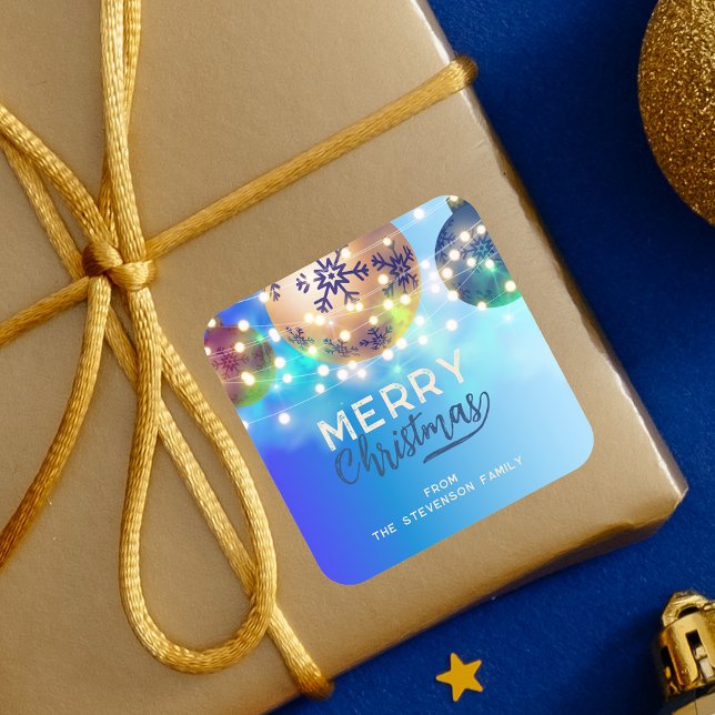 Adesivo Quadrado Balas de Natal Azuis Brilhando Luzes de Cordas (Criador carregado)