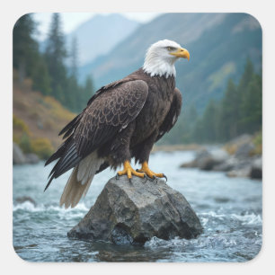 Adesivo Quadrado Bald Eagle em um rio Rock
