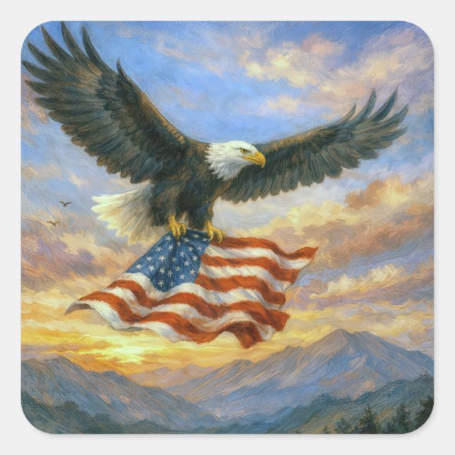 Adesivo Quadrado Bald Eagle Flying With American Flag (Frente)