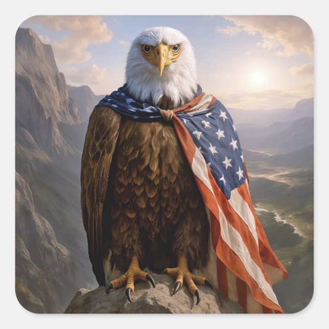 Adesivo Quadrado Bald Eagle Wearing an American Flag Cape (Frente)