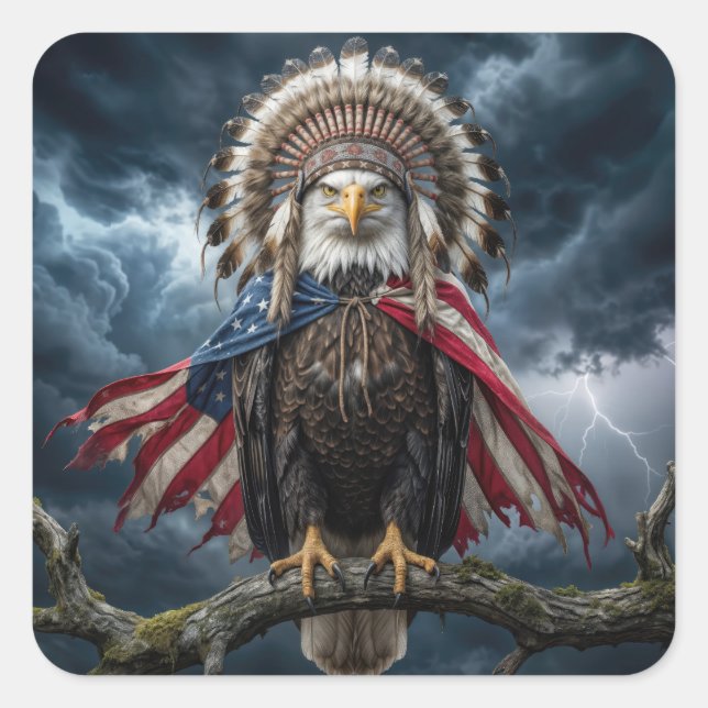 Adesivo Quadrado Bald Eagle With American Flag Cape and Headdress (Frente)