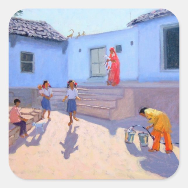 Adesivo Quadrado Baldes de água de enchimento Rajasthan India (Frente)