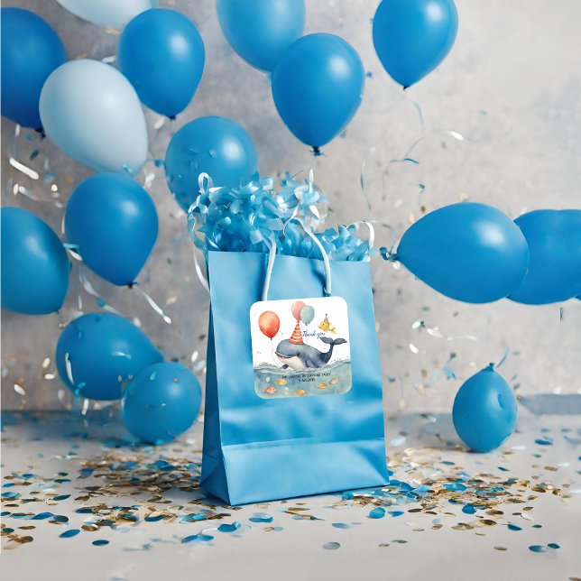 Adesivo Quadrado Baleia faz um bode expiatório Aniversário Obrigado (Criador carregado)