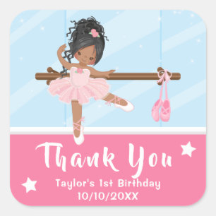 Adesivo Quadrado Ballerina Afro-Americana Rosa Aniversário Obrigada