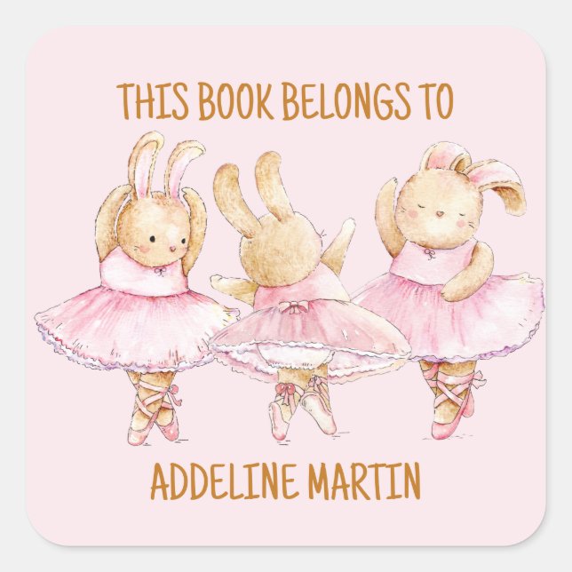 Adesivo Quadrado Ballerina Bunnies Dance Pink's Bookplate (Frente)