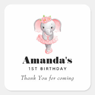 Adesivo Quadrado Ballerina, Elefante Rosa E Cinza, Aniversário Obri