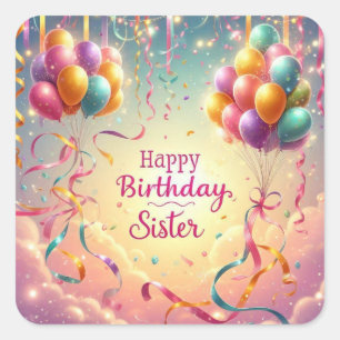 Adesivo Quadrado Balões de Glitter Feliz Aniversário Irmã fofa
