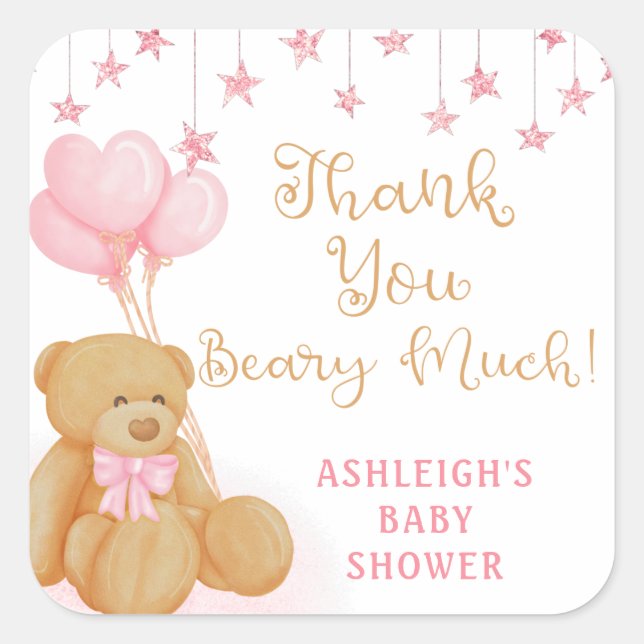 Adesivo Quadrado Balões de Urso de Teddy Rosa, Chá de fraldas, Obri (Frente)