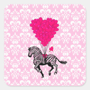 Adesivo Quadrado Balões de zebra e coração cor-de-rosa