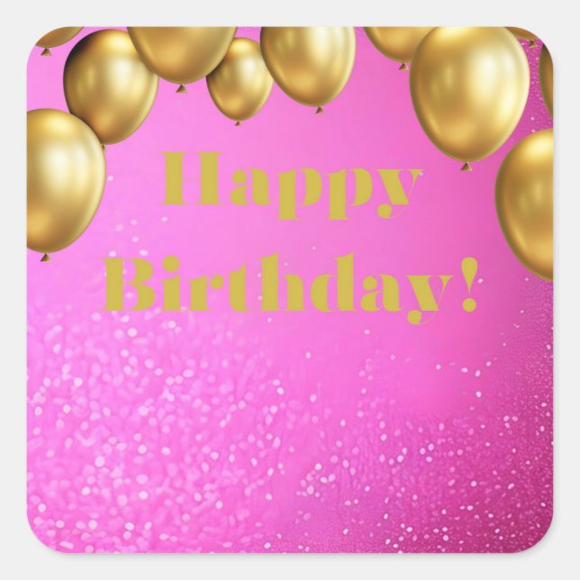 Adesivo Quadrado Balões Dourados Luxe Rosa Brilhante Feliz Aniversá (Frente)