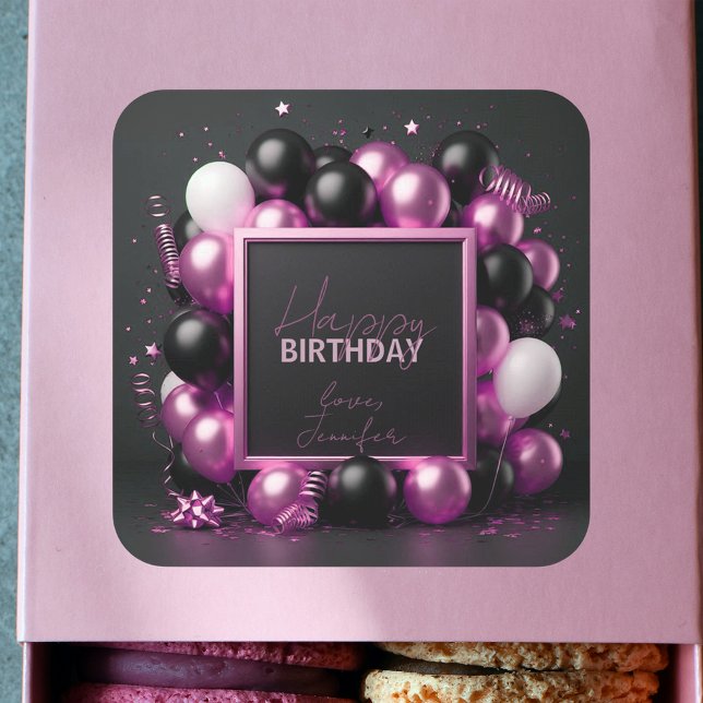 Adesivo Quadrado Balões Pretos Luxuosos, Rosa, Confetti Aniversário (Criador carregado)