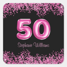 Adesivo Quadrado Balões rosa quente de 50º aniversário | Diminuição