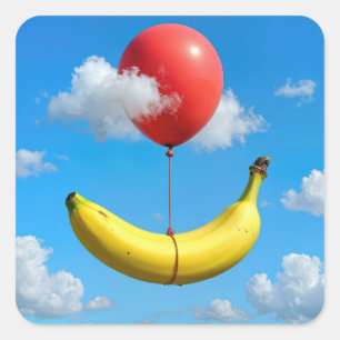 Adesivo Quadrado Banana Madura Flutuando no Céu com Balão Vermelho