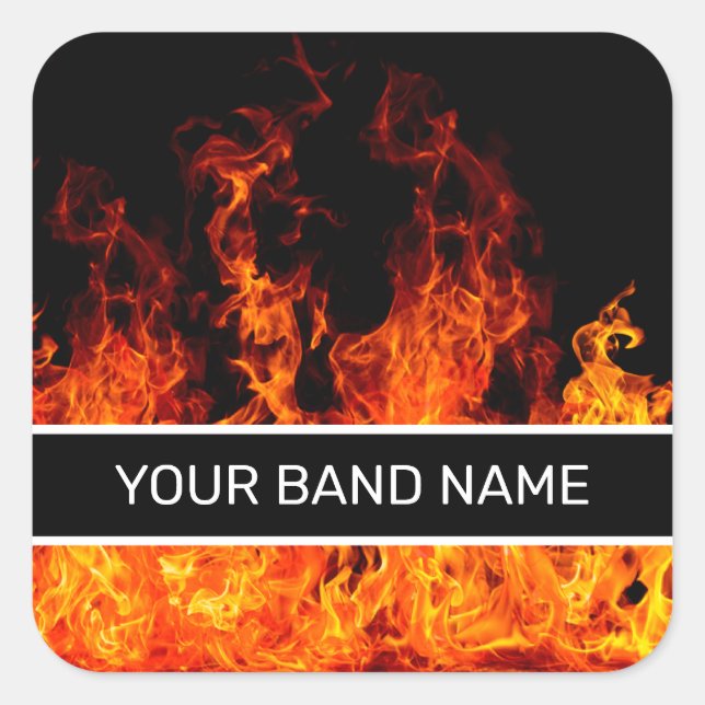 Adesivo Quadrado Banda de nome personalizado Merch Flames Rock & Ro (Frente)