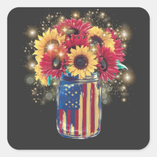 Adesivo Quadrado Bandeira Americana do Patriótico Girassóis Jar