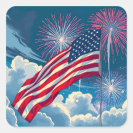 Adesivo Quadrado Bandeira Americana Patriótica com Fireworks - 4 de